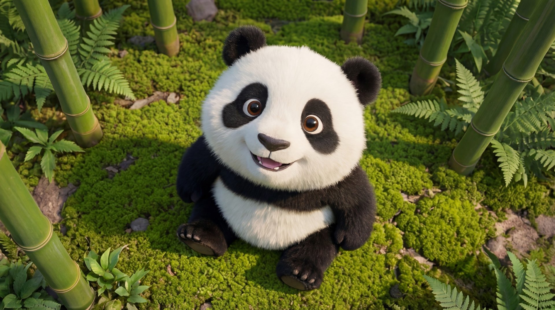 Pim the panda sitting in a bamboo grove